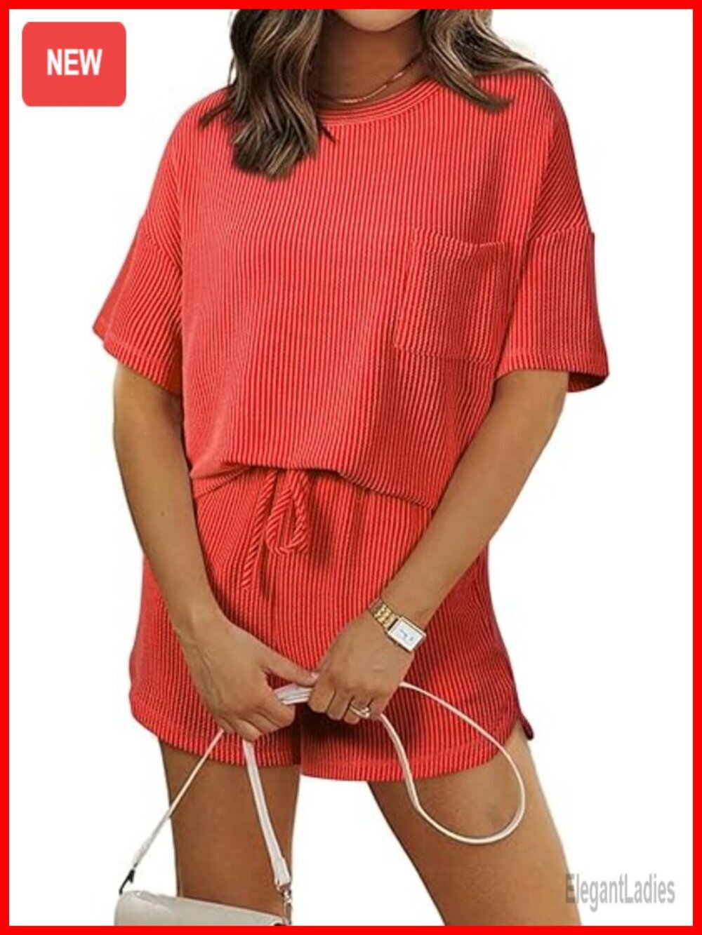 2 Piece Lounge Set - Short Sleeve Top with High Waisted Shorts and Pockets